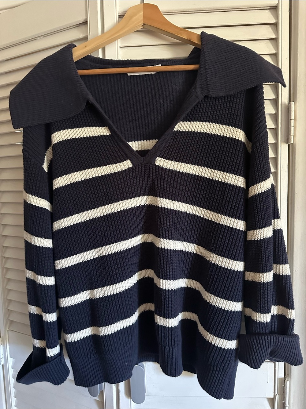Striped Navy and White V-Neck Collared Sweater